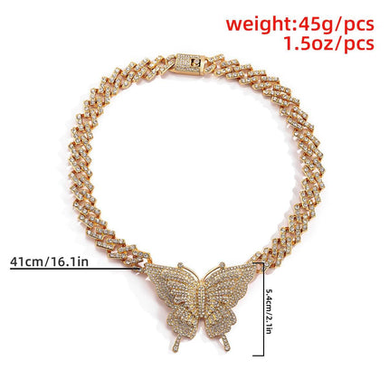 Glamorous Rhinestone Butterfly Necklace Set with Trendy Cuban Chain for Women