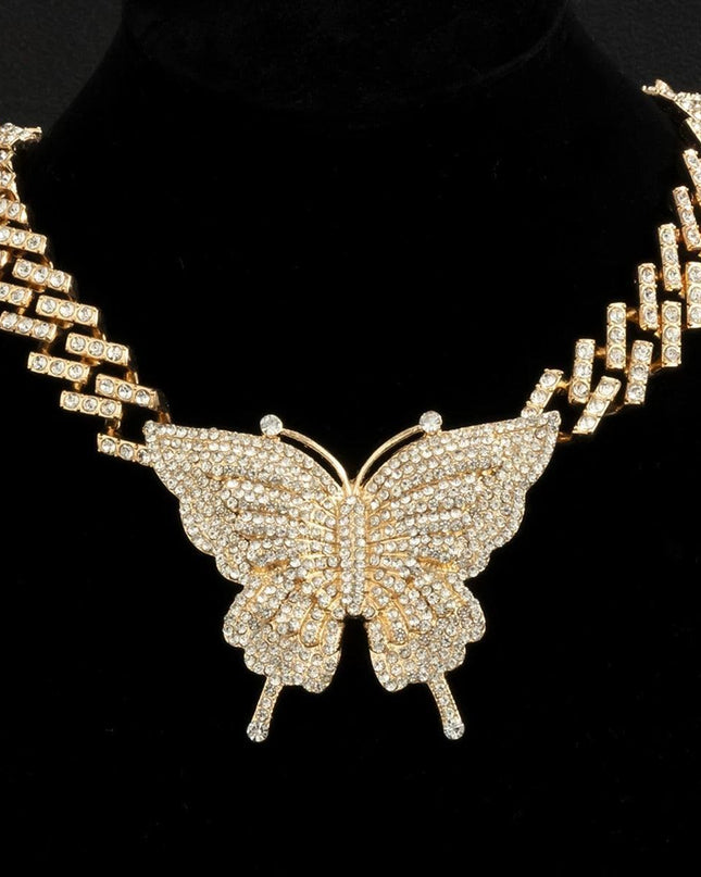 Glamorous Rhinestone Butterfly Necklace Set with Trendy Cuban Chain for Women