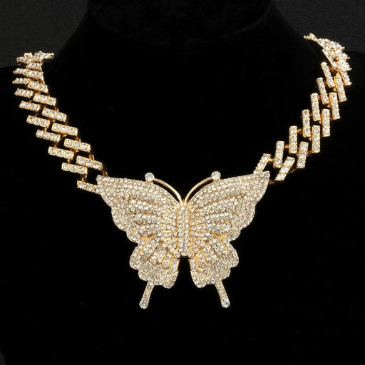 Extravagant Crystal Butterfly Pendant Necklace Set with Rhinestone Cuban Chain for Women