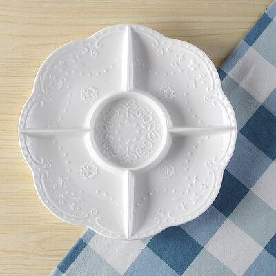 Elegant Embossed White Ceramic Snack Plates with Multiple Compartments