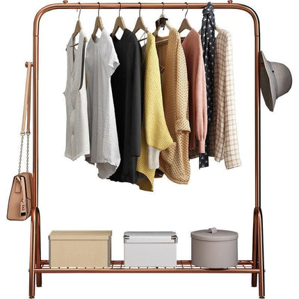 Elegant Rose-Gold Single-Pole Garment Stand and Storage Solution