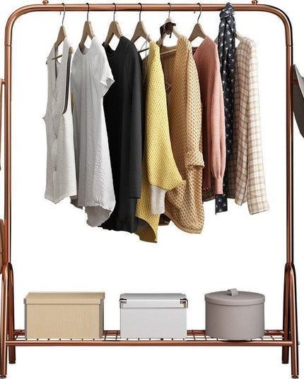 Elegant Rose-Gold Single-Pole Garment Stand and Storage Solution