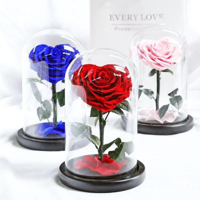 Enchanted Beauty: Luxurious Heart-Shaped Eternal Roses in Glass Dome