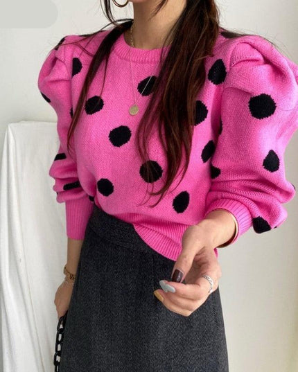 Chic Korean Sweater with Playful Polka Dot Puff Sleeves - Cozy Elegance Redefined