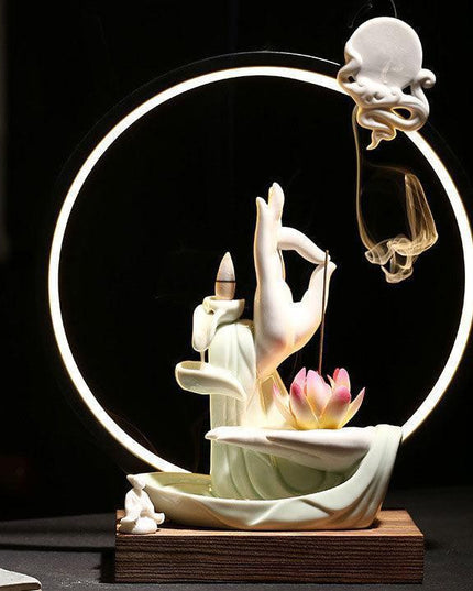 Buddha Hand Ceramic Backflow Incense Burner - Tranquil Smoke Cascade for Mindfulness and Relaxation