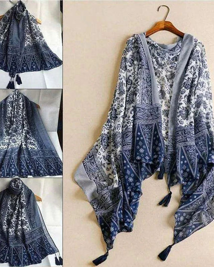 Luxurious Blue Porcelain Cashmere Blend Shawl - The Perfect Accessory for Any Occasion