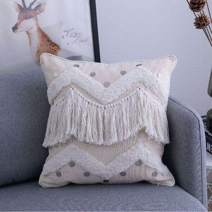 Beige Moroccan Diamond Textured Fringe Pillow Cover