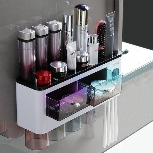 Toothbrush Organizer Set with Magnetic Squeezer Dispenser - Bathroom Storage Solution