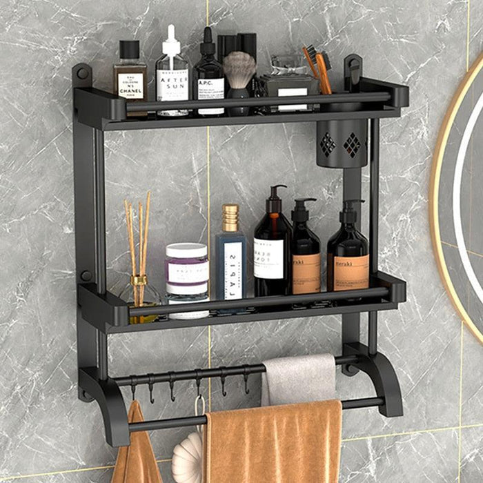 Modern Black Stainless Steel Bathroom Caddy with Towel Bar and Efficient Draining System