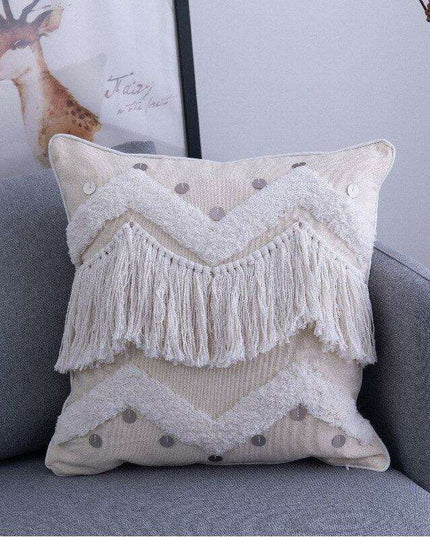 Beige Moroccan Diamond Textured Fringe Pillow Cover