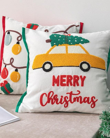 Festive Santa & Snowflake Embroidered Cotton Pillow Cover - Holiday Home Decor Accent