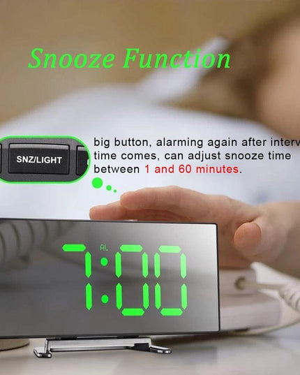Curved Screen LED Alarm Clock with Temperature Gauge and Custom Snooze Settings - Ideal for Children's Rooms and Contemporary Home Design