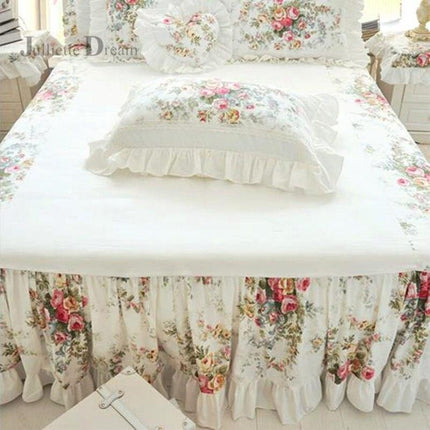 Charming Floral Satin Cotton Bedding Ensemble with Elegant Ruffles