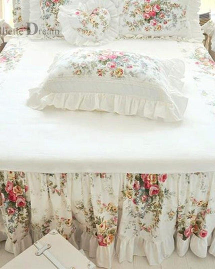 Charming Floral Satin Cotton Bedding Ensemble with Elegant Ruffles