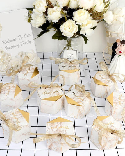 Elegant Hexagonal Marble Treat Boxes with Gold Foil Accents - Luxurious Packaging for Special Celebrations