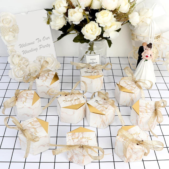 Hexagonal Marble Candy Boxes with Gold Foil Accents for Elegant Celebrations
