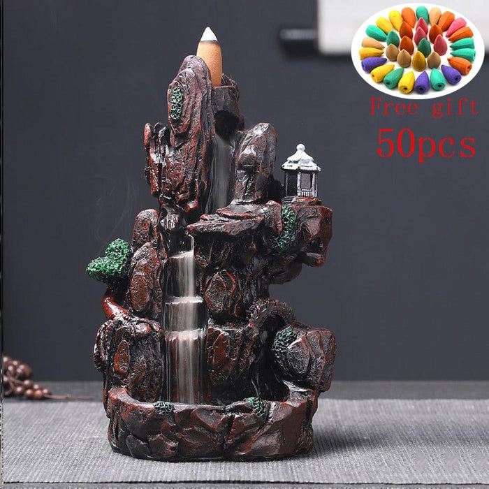 Tranquil Mountain Stream Backflow Incense Burner Fountain Set with 100 Incense Cones