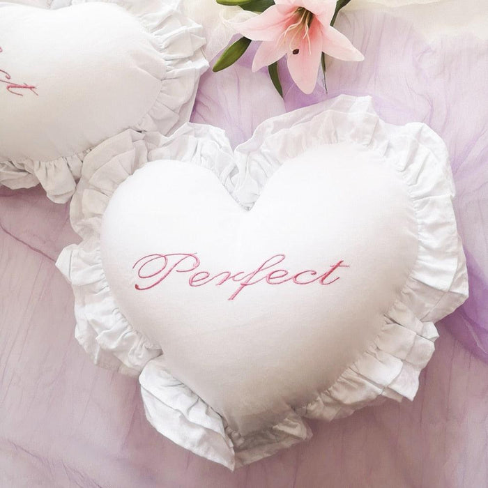 Heartfelt Love Embroidered Ruffle Cushion - Elegant Cotton Accent Pillow for Home