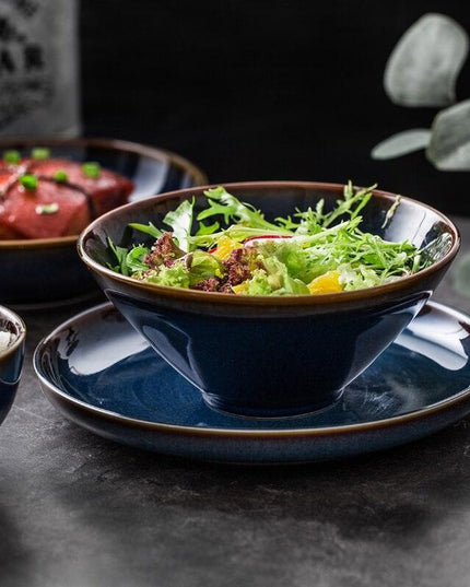 Sophisticated Blue Glazed Ceramic Dining Collection with Complementary Salad and Soup Bowls