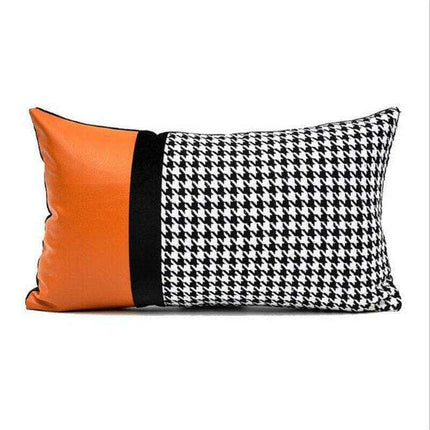 Elegant Black & White Grid Cushion Cover with Vibrant Orange Accent