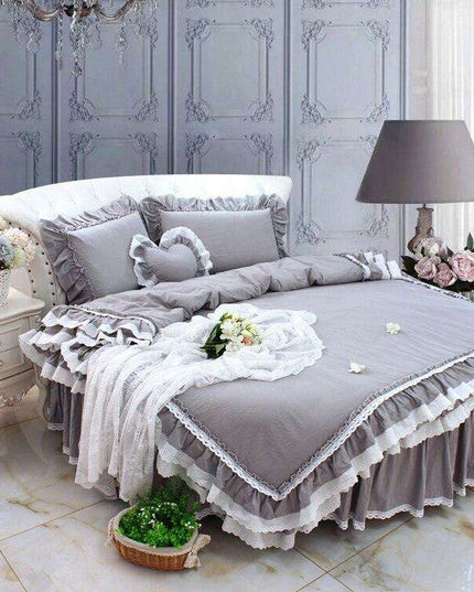 Luxury Grey Lace Ruffle Pillow Sham and Duvet Cover Set with 4-Piece Ensemble