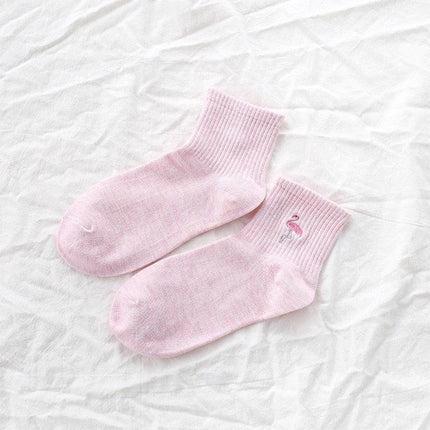 Kawaii Flamingo Delight: Adorable Japanese Embroidered Cotton Socks for Women