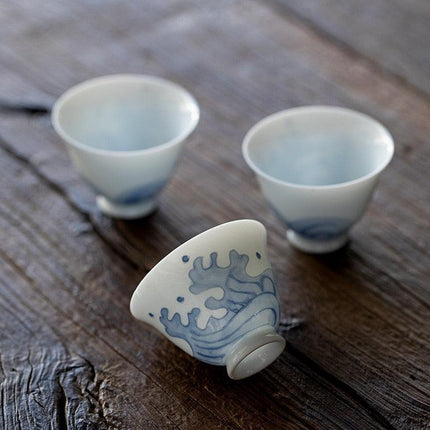 Artisanal Jade Porcelain Tea Cup Set with Ocean Wave Design - 50ml Each