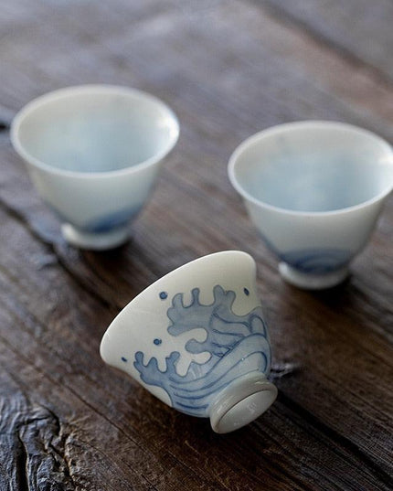 Artisanal Jade Porcelain Tea Cup Set with Ocean Wave Design - 50ml Each