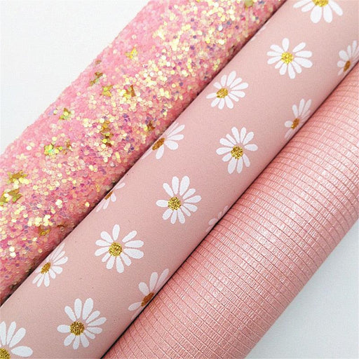 Golden Heart Glitter Leather and Daisy Pattern Faux Leather Crafting Sheets
