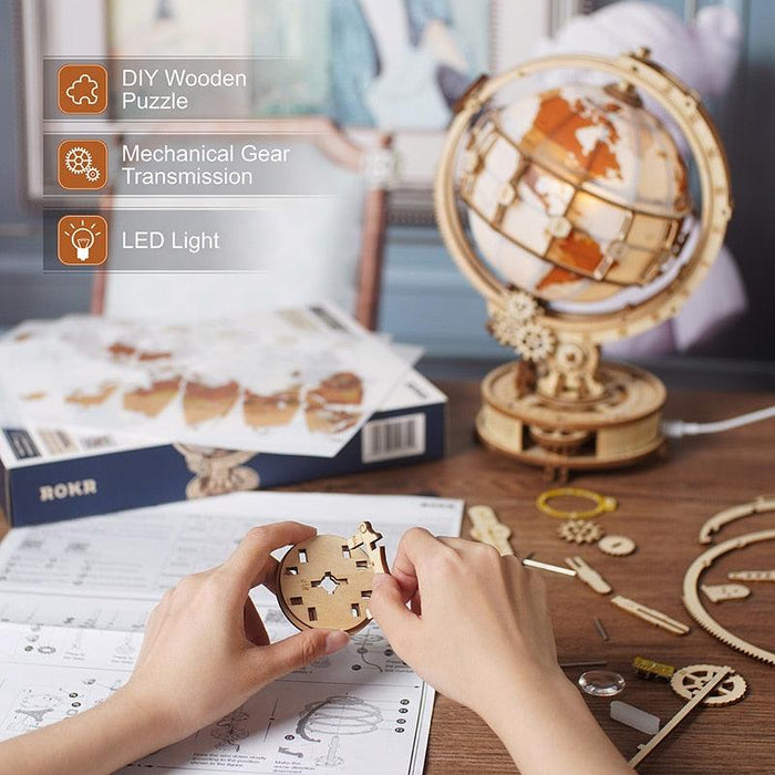 Enchanting Illuminated Wooden Globe Puzzle Lamp - Educational Home Decor and Night Light