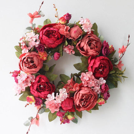 Elegant Peony Silk Flower Wreath with Rattan Accents - Perfect for Home Decor