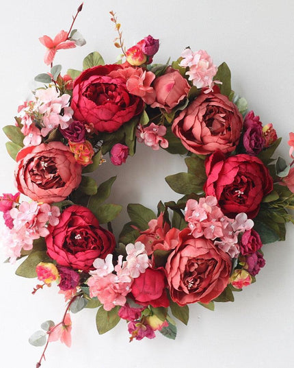 Elegant Peony Silk Flower Wreath with Rattan Accents - Perfect for Home Decor