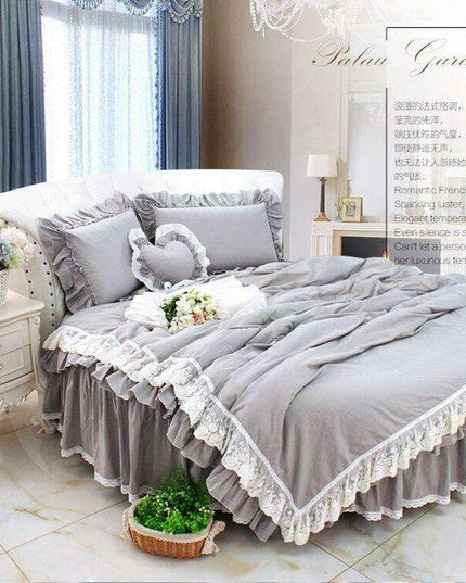 Luxury Grey Lace Ruffle Pillow Sham and Duvet Cover Set with 4-Piece Ensemble