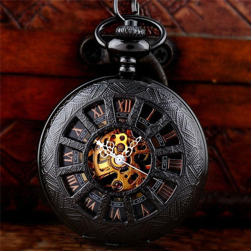 Antique Style Black Mechanical Skeleton Pocket Watch Pendant Necklace