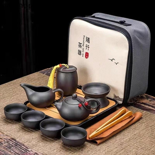 Retro Zen Sand Ceramic Tea Set: Travel-Friendly Kong Fu Kit for Traditional Tea Rituals