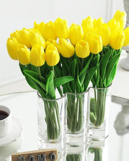 Charming Yellow and White Realistic Tulip Bouquet - Set of 10 Lifeslike Flowers for Any Occasion