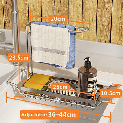 Adjustable Stainless Steel Sink Rack with Integrated Towel Holder - Perfect for Kitchen and Bathroom Organization