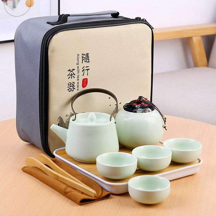 Elegant Ceramic and Metal Tea Ceremony Set with Artistic Tea Tray