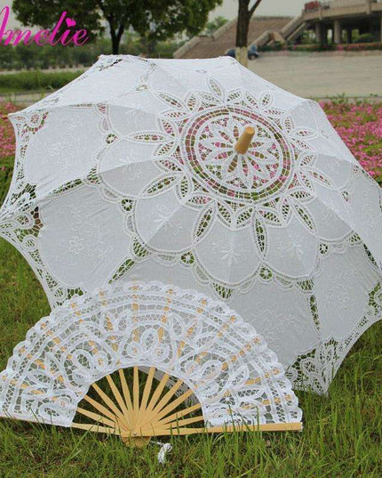 Victorian Elegance Lace Parasol and Fan Ensemble: Handcrafted Timeless Beauty