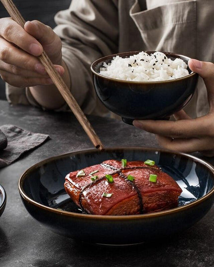 Sophisticated Blue Glazed Ceramic Dining Collection with Complementary Salad and Soup Bowls