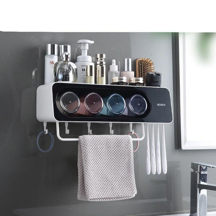 Eco-Friendly Wall-Mounted Bathroom Organizer with Towel Hooks - Smart Storage Solution