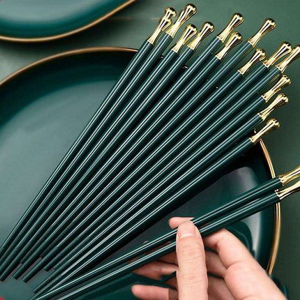 Elegant Dark Green & Gold Decorative Alloy Chopsticks Set - 10 Pairs