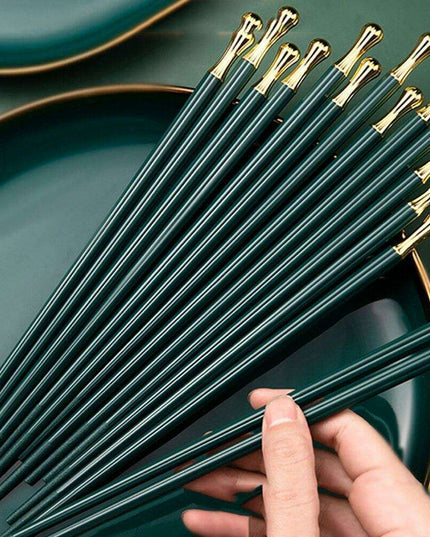 Elegant Dark Green & Gold Decorative Alloy Chopsticks Set - 10 Pairs