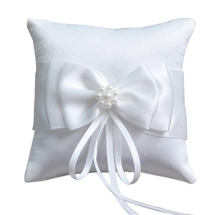 Charming Satin and Pearl Double Bow Ring Cushion - Perfect for Weddings
