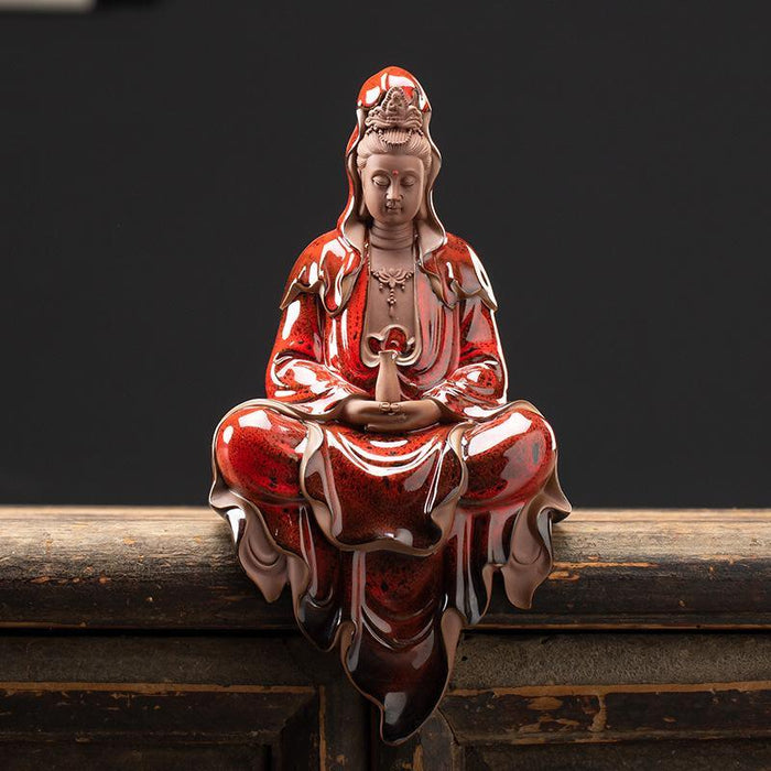 Zen Guanyin Bodhisattva Ceramic Backflow Incense Burner Set with LED Lighting - 20 Cone Pack