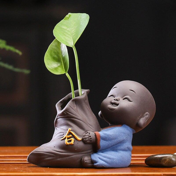 Tranquil Zen Tea Decor Set with Buddha Statue, Monk Doll, and Mini Plant Pot