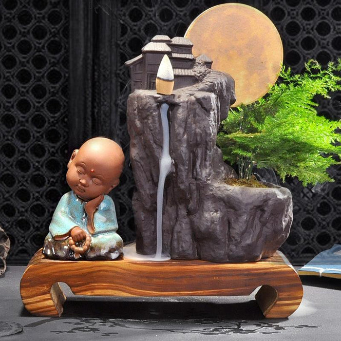 Ceramic Smoke Waterfall Incense Burner with LED Light and Pine Decor Accent
