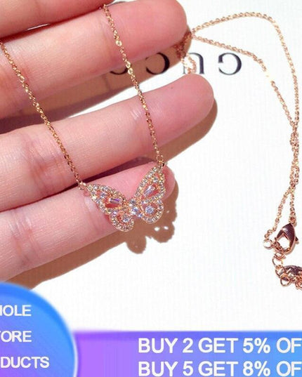 Elegant CZ Butterfly Pendant Necklace in Rose Gold/Silver - Women's Crystal Jewelry