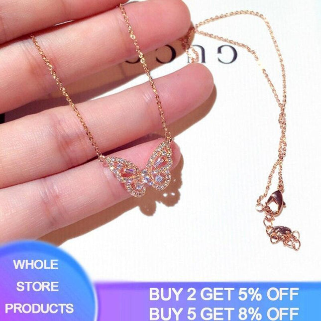 Elegant CZ Butterfly Pendant Necklace in Rose Gold/Silver - Women's Crystal Jewelry