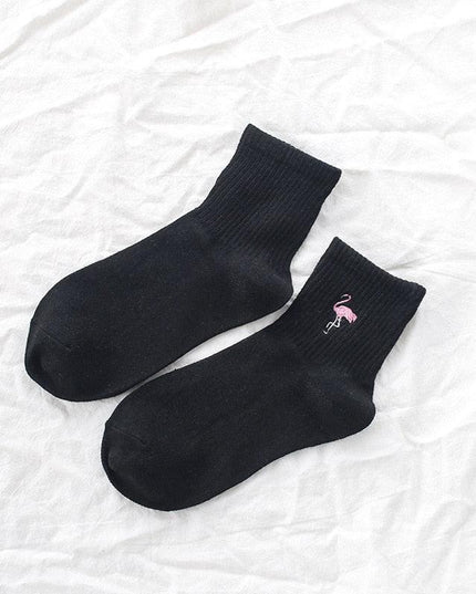 Kawaii Flamingo Delight: Adorable Japanese Embroidered Cotton Socks for Women